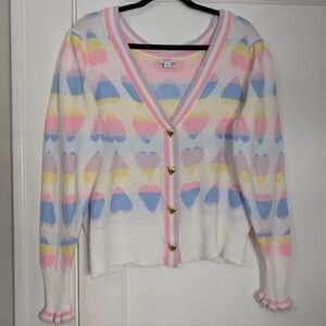 Crown & Ivy L Pastel Heart Print Cardigan Sweater Gold Heart Buttons